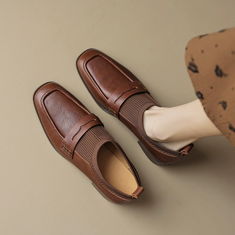 Keep warm retro fleece leather loafers, cowhide