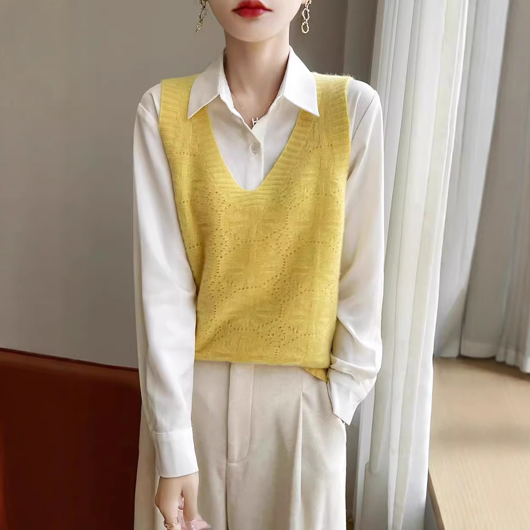 니트 조끼 여성 짧은 가을 쌓인 V-Neck 작은 허리 코트 외부 할로우 자카드 민소매 스웨터 웨이스트 코트 착용