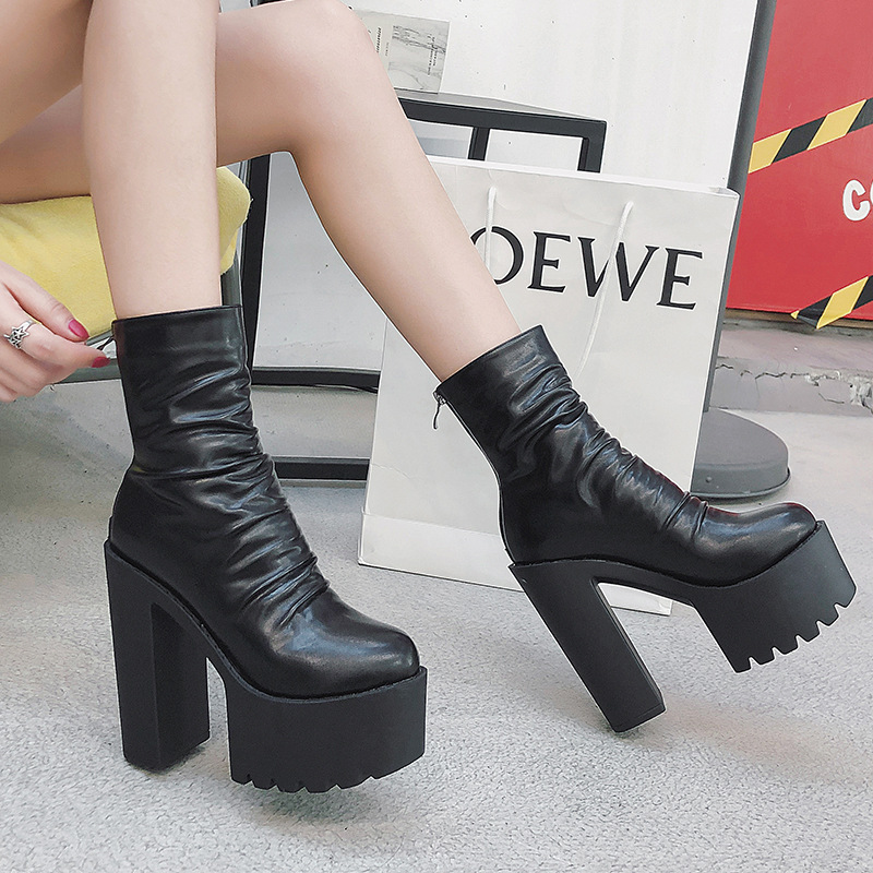Cross-Border Pleated Boots for Women 2025 Spring & Fall Thick Heel Catwalk Performance Waterproof Platform Thick Sole High Heel Short Boots 326-1