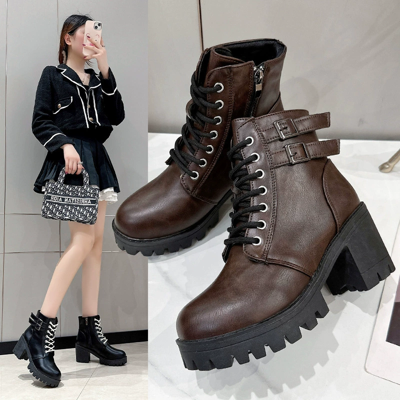 Ботинки Martin больших размеров на толстом каблуке с круглым носком Женские осенне-зимние новые модные мотоциклетные короткие сапоги на высоком каблуке на шнуровке с боковой молнией для женщин