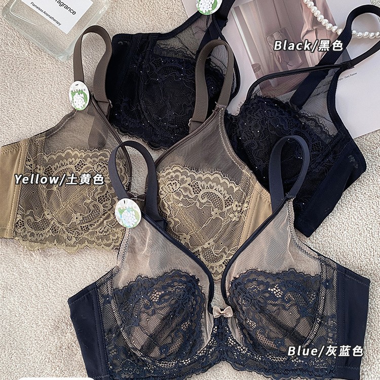 6603 ropa interior de copa de cristal para mujer, pecho grande ultrafino, pequeño, tipo ajustable, conjunto de sujetador de anillo de acero suave anti-inferior