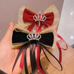 Water Diamond Crown Double Velvet Lace Red Bow Long Flowing Ribbon Children's Hair Clip Girl Headband Princess Hairpin
