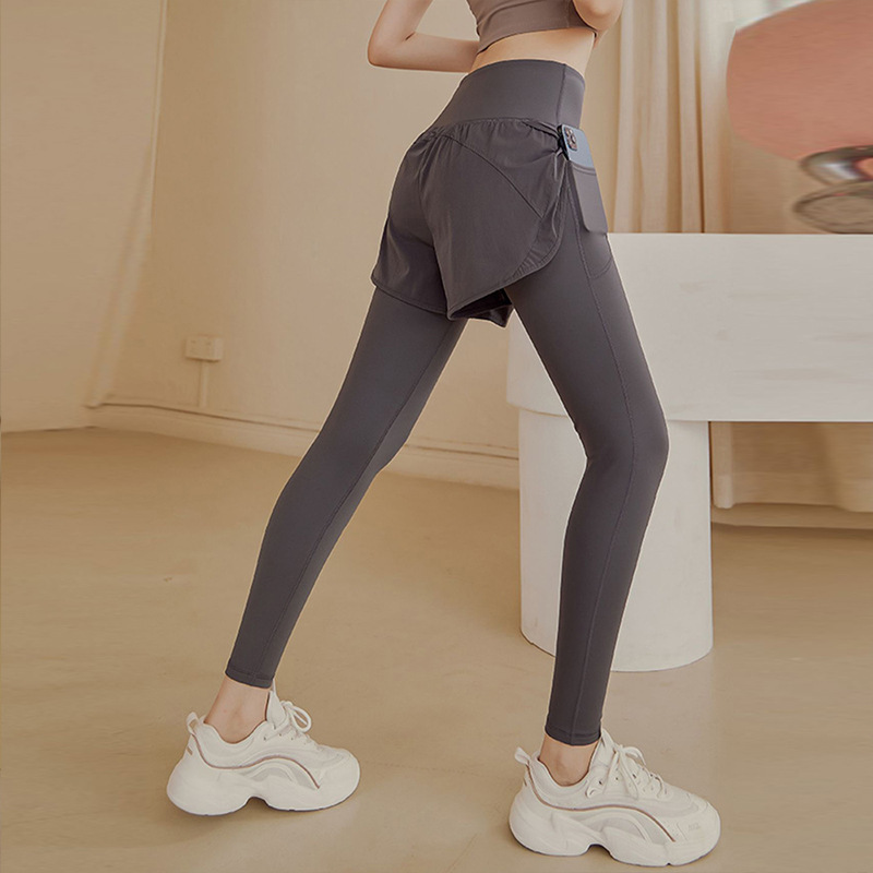 Fake Two-Piece Yoga Pants Women's High-Waist Hip-Lifting Belly-Tight Running Pants Stretch-Fit Sports Pants Fitness Pants Trousers Spring and Autumn