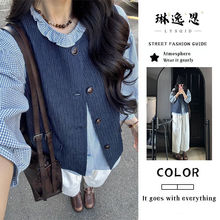 两件/套装韩版学院复古蓝色牛仔马甲外套女学生搭配长袖格纹衬衫