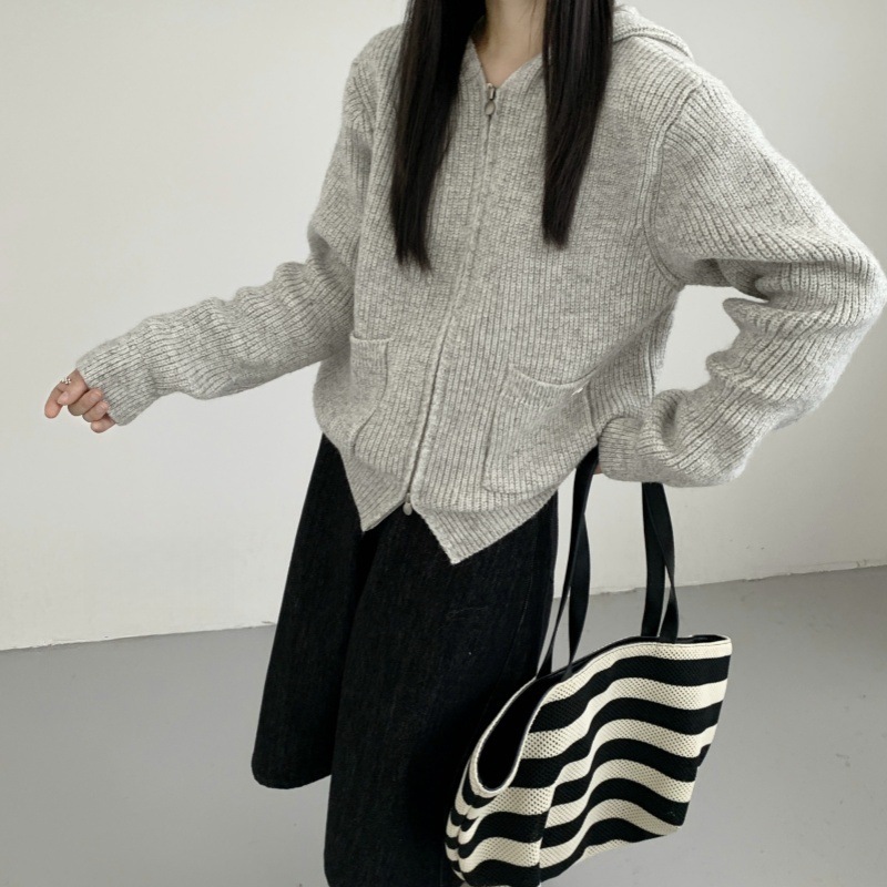 双拉链毛衣外套女秋冬2025新款慵懒风高级感宽松连帽针织开衫上衣|undefined