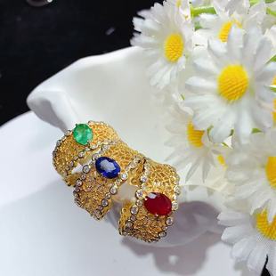 Natural Ruby Sapphire Emerald Ring 925 Sterling Silver Accessible Luxury Lace Texture Wide Version Gemstone Ring for Women