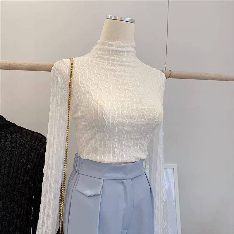 European High Collar Mesh Base Shirt Women's Long-Sleeved 2022 Spring and Autumn Thin All-Match Transparent Lace Stylish Inner Top