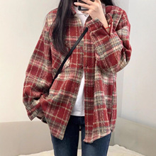 磨毛加绒加厚格子衬衫女2025秋冬新款韩版宽松中长款毛呢衬衣外套