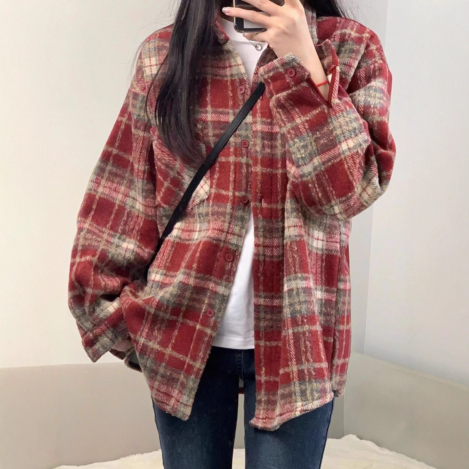 磨毛加绒加厚格子衬衫女2025秋冬新款韩版宽松中长款毛呢衬衣外套
