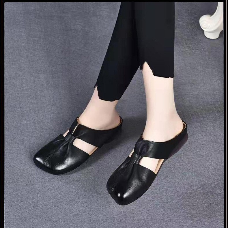 Cross-Border Simple Flat-Soled Comfortable Toe-Cap Sandals and Slippers Summer New Style Slip-On Breathable Small Leather Shoes Commuter Loafers