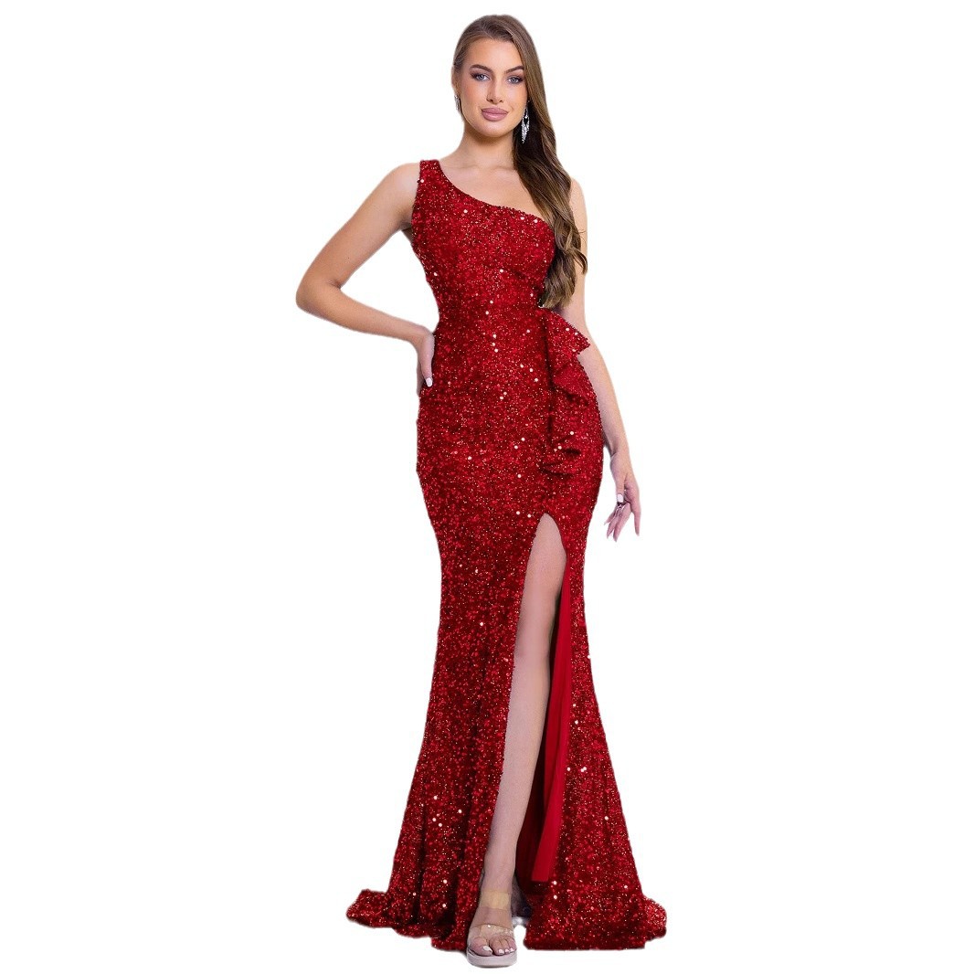 Women's Clothing Elegant One-Shoulder Sequin Party Dress With Lace & Slit Detail - Long Formal Evening Gown For Women (Navy Blue/Burgundy, S-XXXXXL)_voghion.com
