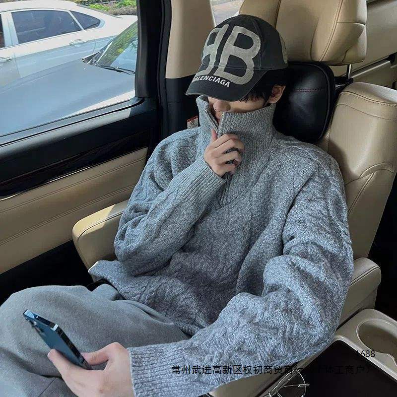 American retro men's turtleneck sweater, vintage half-zip loose casual style knitted sweater for winter American retro men's turtleneck sweater, vintage half-zip loose casual style knitted sweater for winter