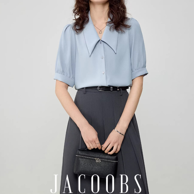 Áo sơ mi nữ cổ nhọn tay ngắn chất liệu chiffon phong cách Pháp — màu đen, xanh lam, màu trắng