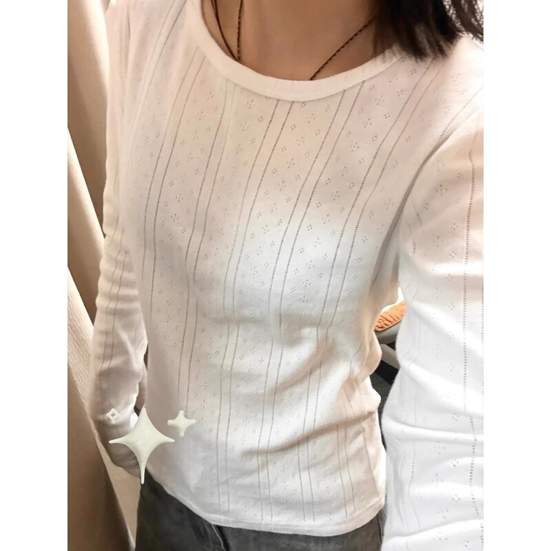 Chic Jacquard Crewneck Slim-fit Base Top Women's 2025 New Chic Hollow-out Interior Texture Long-sleeved T-shirt