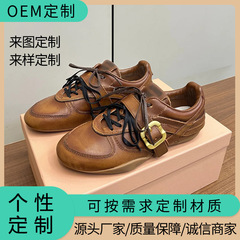 2025擦色双绑带平底休闲圆头小皮鞋小众德训鞋皮扣舒适女鞋