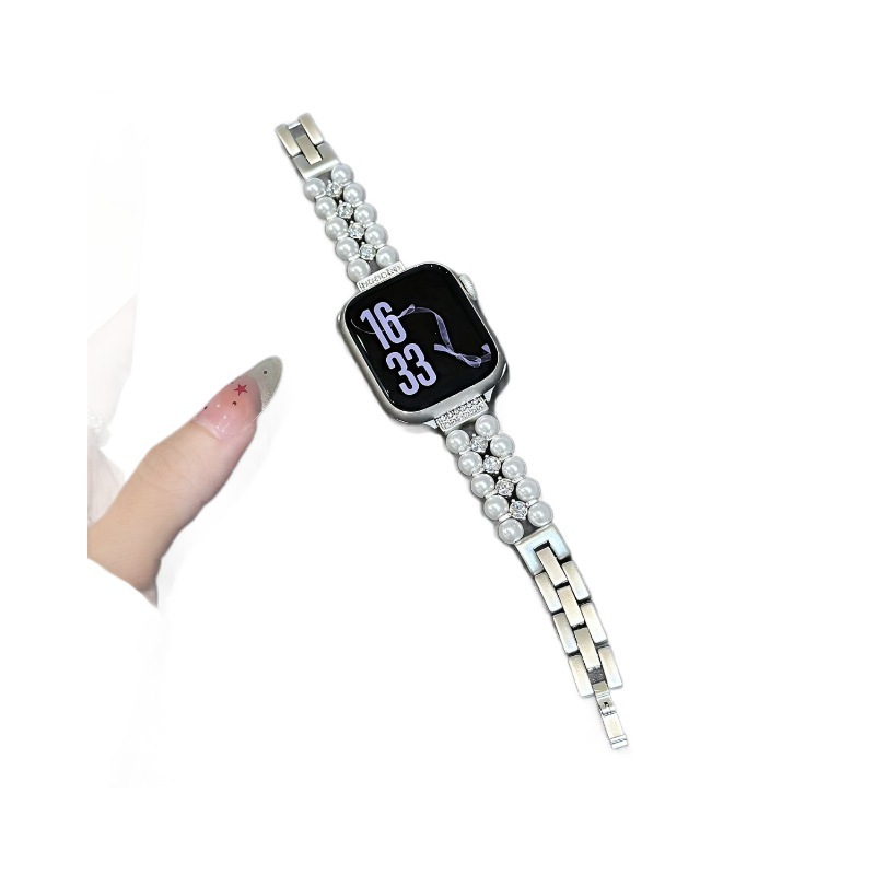 适用S10苹果Applewatch手表98小香风双排珍珠拼金属iwatch SE表带|undefined