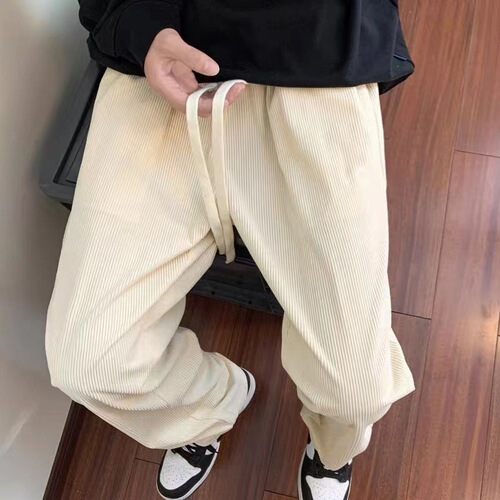 Men's Fall/Winter Corduroy Casual Pants Korean Style Loose Straight Leg Versatile Long Pants Hong Kong Style Sheer Elastic Waist Pants