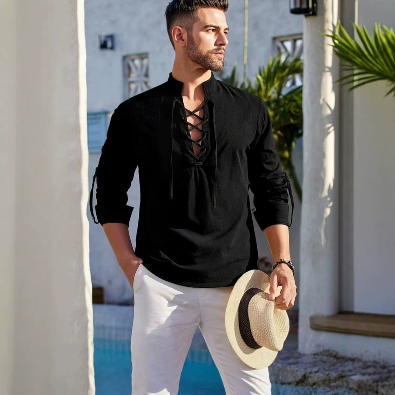 2026 New Foreign Trade Model Amazon Men's Stand-Up Collar Long-Sleeved Shirt Henley Shirt Hippie Casual Beach Shirt