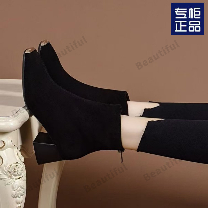 方头短靴女2025春秋新款法式单靴真皮小裸靴秋冬季磨砂粗跟高跟鞋|undefined