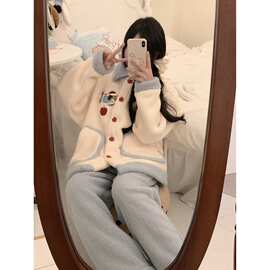 韩版可爱小狗少女甜美珊瑚绒睡衣女冬季加厚加绒居家服套装可外穿