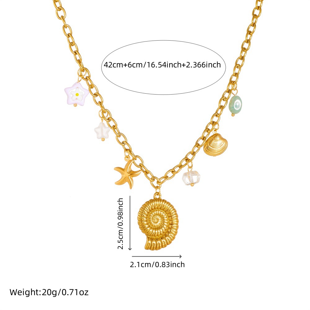 Cartoon Sea Life Gold Plated Conch Scallop Starfish charm stainless steel necklace
