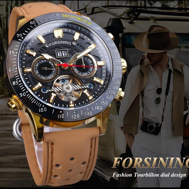 Forsining Tourbillon Men's Multifunctional Mechanical Watch Cross-Border Popular Crazy Horse Leather Fully Automatic Mechanical Watch