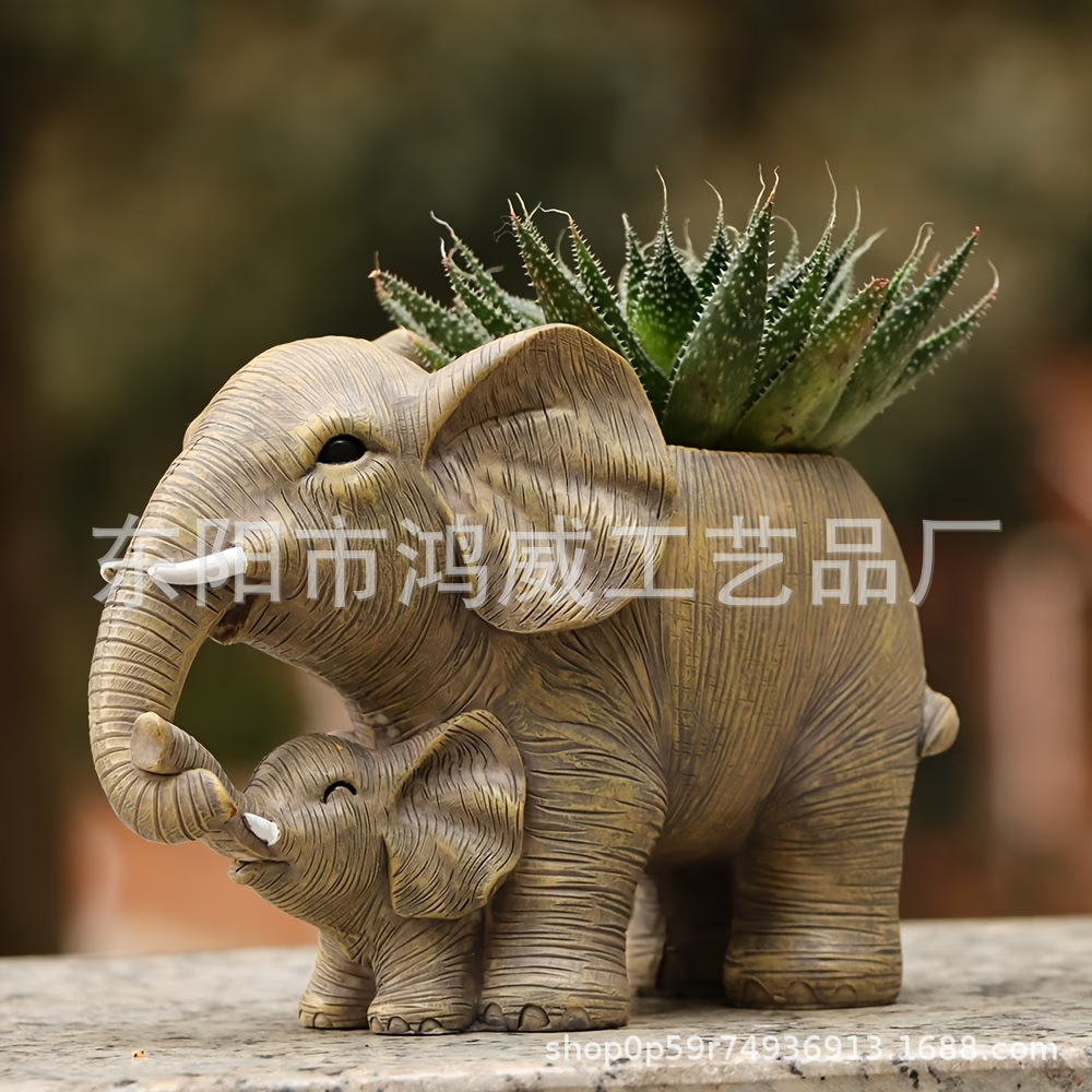 Maceta de Elefantes Madre e Hijo de Resina, Decorativo para Hogar y Jardín
