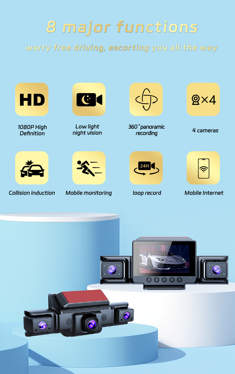 3.0inch Wifi Camera with 4 Lenses, 4 Simultaneous Recording and Display, 1080P Wifi Hidden High-Definition Dash Cam