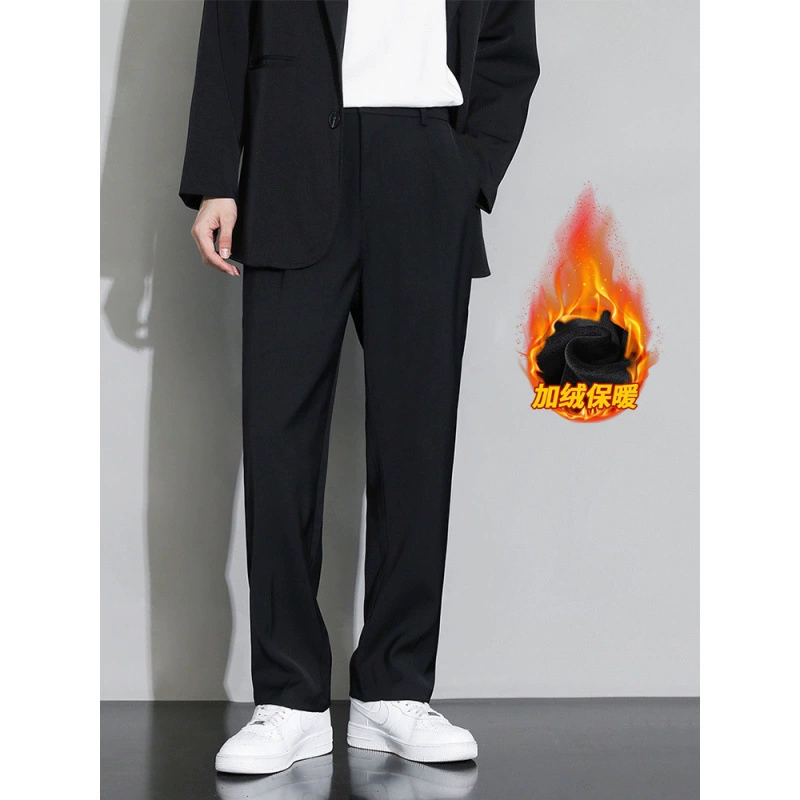 Маленькие брюки Мужские брюки Зимние прямые брюки плюс бархатные повседневные брюки Мужские вертикальные широкие ноги черные костюмы брюки