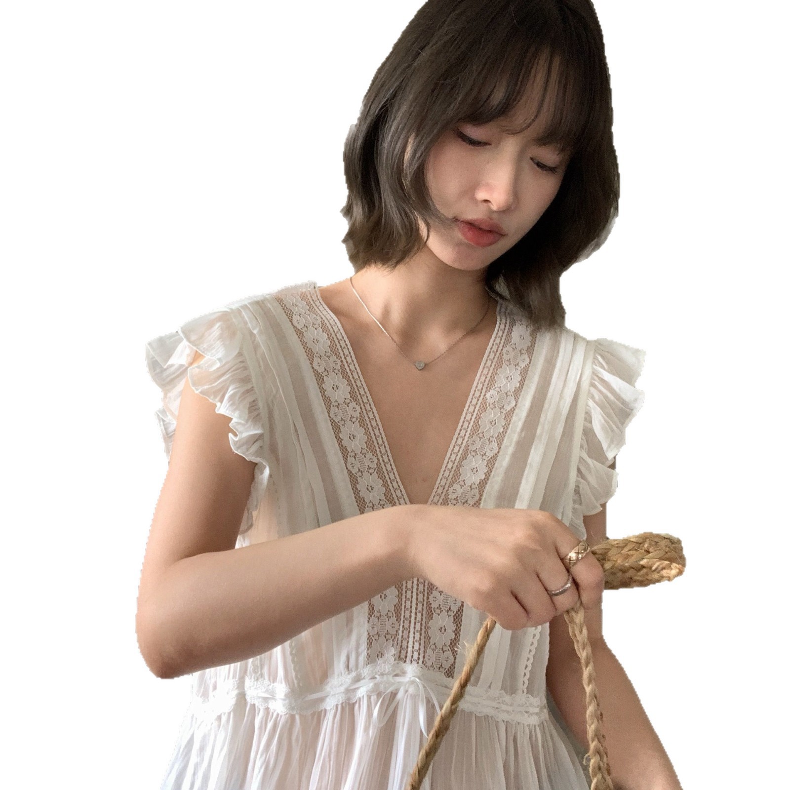 Áo sơ mi nữ cổ V ren hoa xếp tầng thêu hoa tay dài eo thắt dây — Xanh da trờicolor, màu trắng