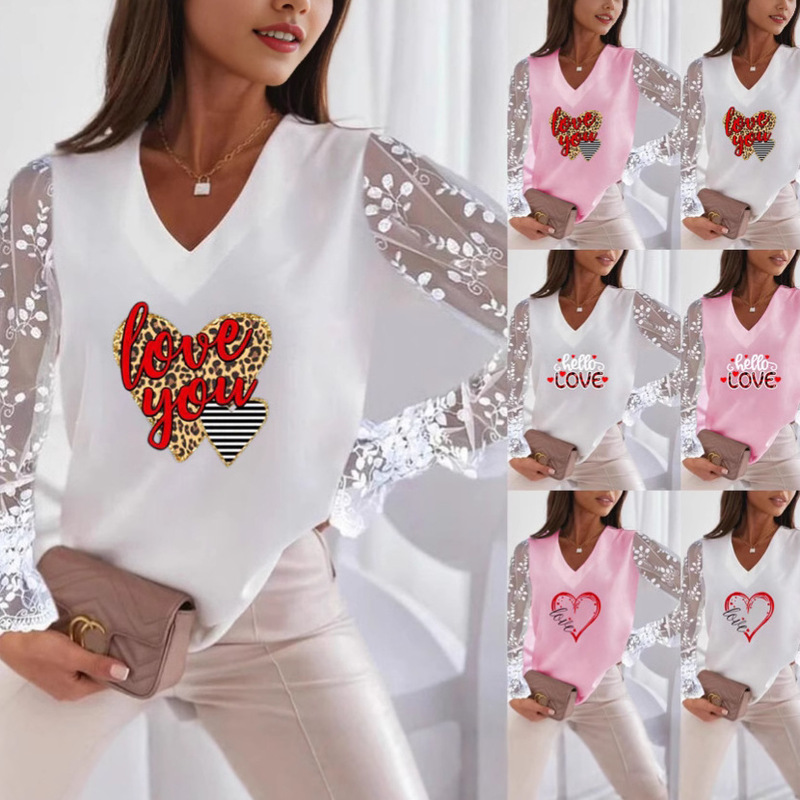 In Stock 2025 New Product Amazon Wish Aliexpress Heart Pattern Printed V Neck Lace Sleeve Women's T-Shirt Bottoming Shirt