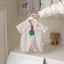 夏季新款男童短袖开衫韩版爬服夏天薄款男宝宝翻领格子玩偶连体衣