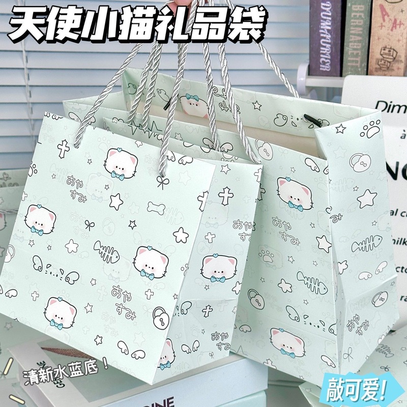 新款天使小猫生日礼品袋礼物包装手提袋ins风高颜值节日礼物袋|undefined