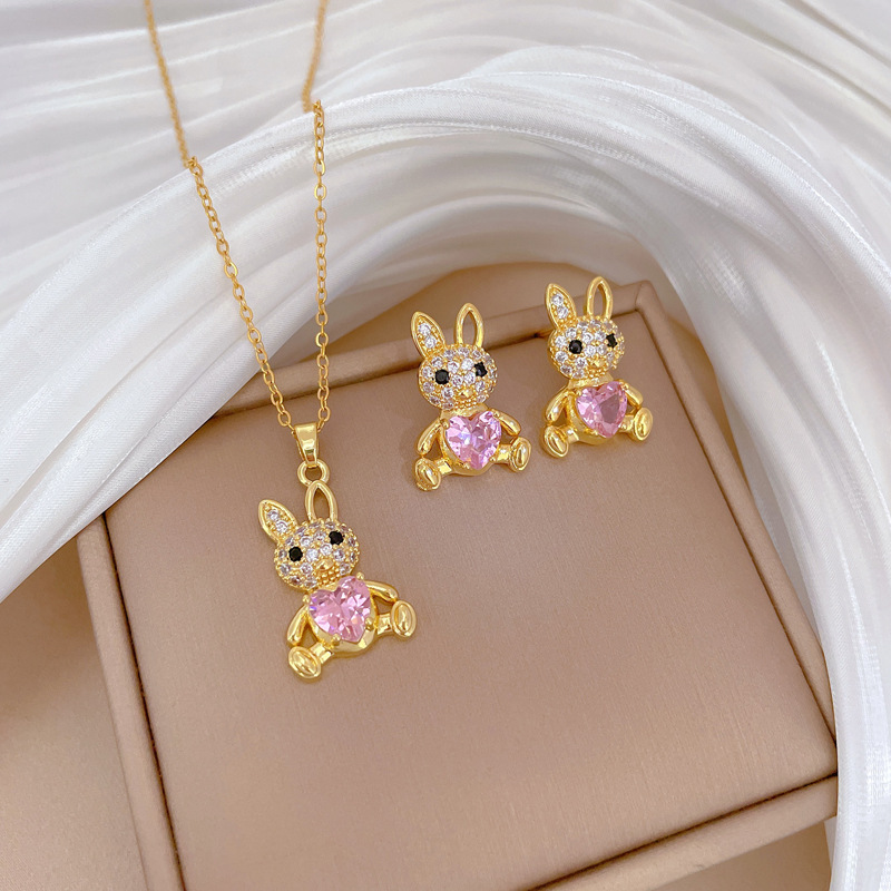 Luxurious Long Eared Rabbit Necklace And Earring Set Titanium_voghion.com