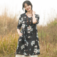 2021年夏季新款女裝中國風苧麻印花復古短袖襯衣