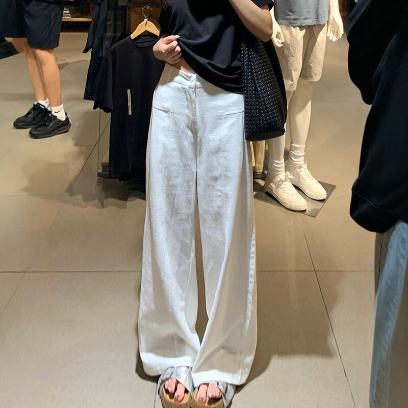 White linen wide-leg pants for women, summer 2026 new style, high-waisted, loose, casual, cotton-linen suit trousers White linen wide-leg pants for women, summer 2026 new style, high-waisted, loose, casual, cotton-linen suit trousers
