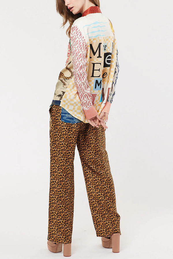 Casual Vacation Leopard Print Long Sleeved Shirt Trousers Two Piece Suit