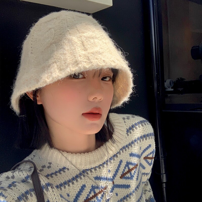 复古白色钩花针织渔夫帽女秋冬季大头围显脸小盆帽感水桶帽子|undefined