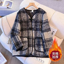 130-350斤大码女装胖mm加绒加厚仿羊羔毛外套冬款牛角扣格纹大衣