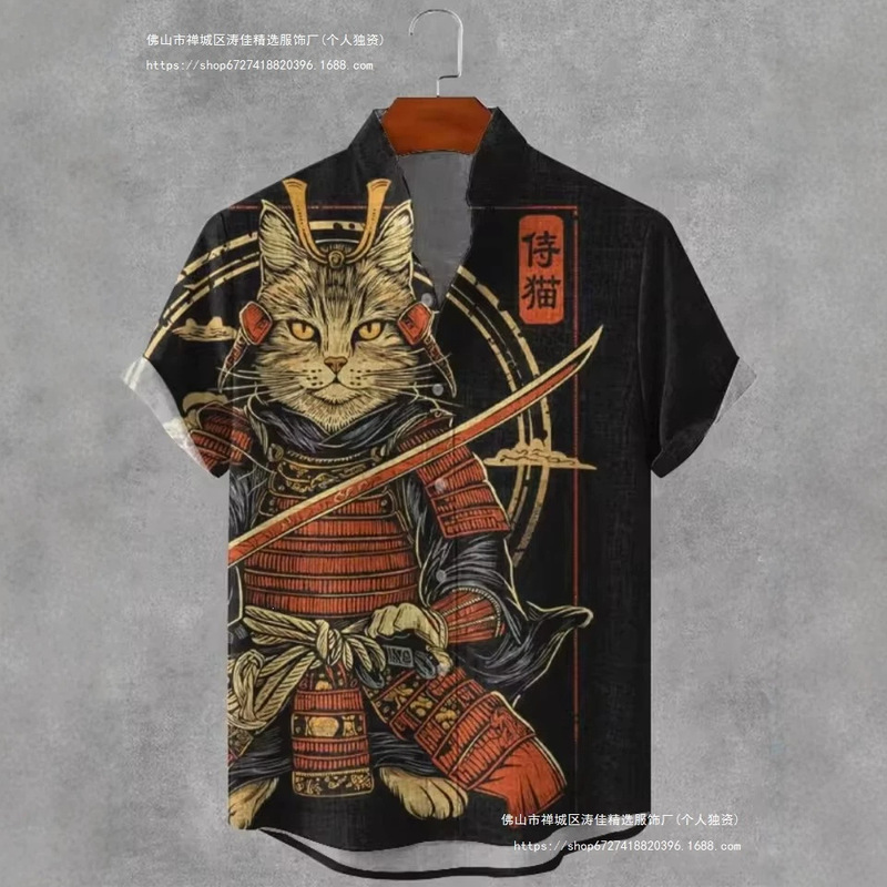 Men's Japanese Samurai Cat Print Short Sleeve Shirt, Vintage Ukiyo-E Stand Collar Casual Linen Shirt, Men's