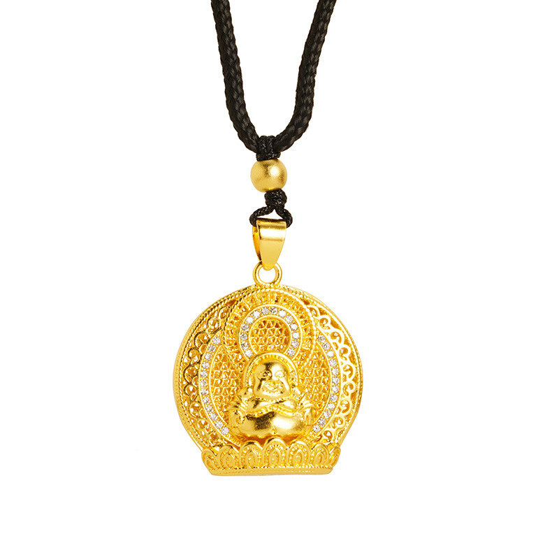 Estilo antiguo oro Maitreya Buda collar redondo imitación diamante lujo con incrustaciones de cobre chapado en oro moda nacional joyería auspicioso significado regalo suministro