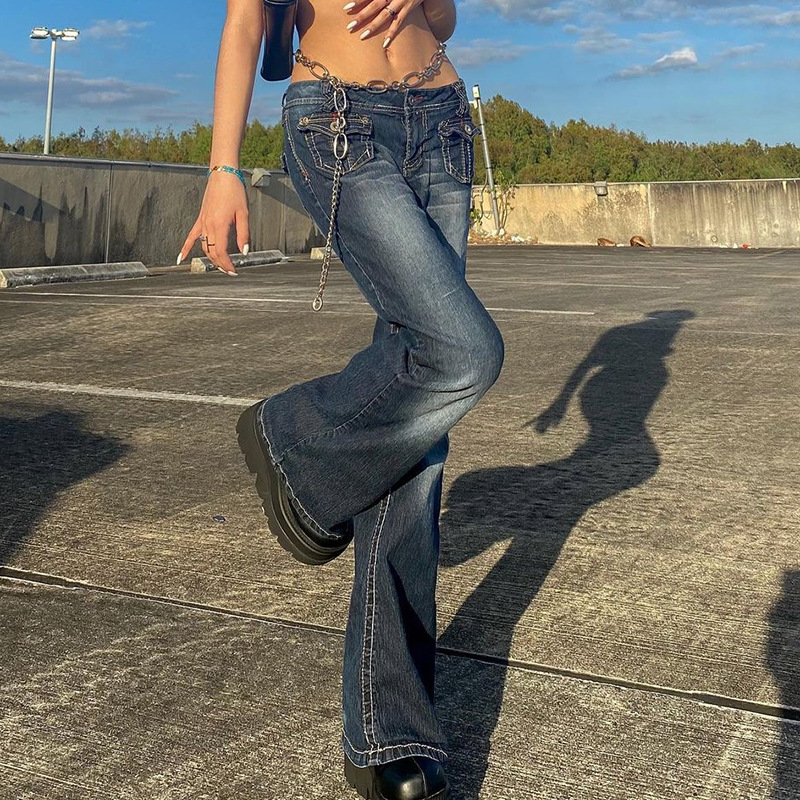 (Toda la tienda no cierra para el Festival de Primavera en stock para preparar lo suficiente) jeans acampanados de cintura alta multibolsillos de moda de comercio exterior europeo y americano para mujeres