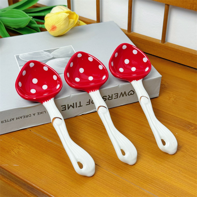 Mushroom Ceramic Tableware Dessert High-Value Cartoon Internet Celebrity Household Cute Long-Handle Teaspoon Soup Spoon_voghion.com