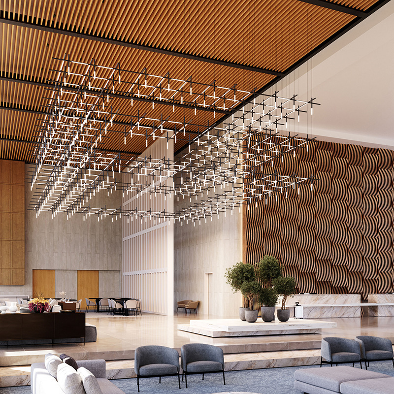 Lámpara vacía Diseñador Hotel Sala de estar Villa Líneas largas Escaleras LED Candelabro de comedor Proyecto Candelabro simple