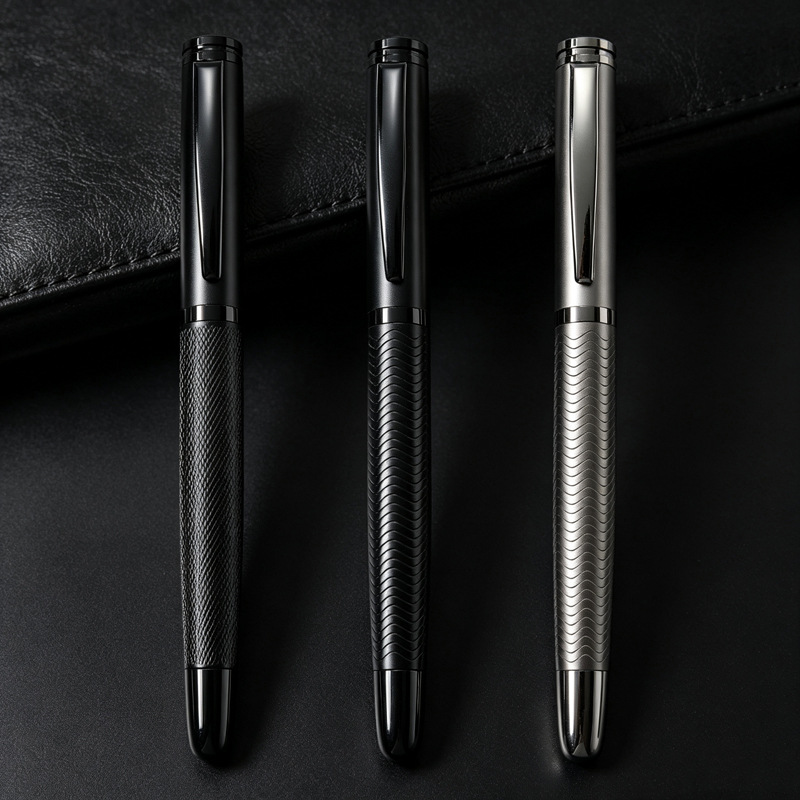 Wholesale black wave-patterned, quick-drying, smooth-writing metal ballpoint pens, customizable with logos, suitable for business stationery and as gifts