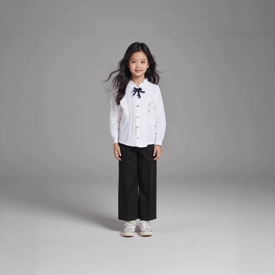 New spring arrival: British style ruffled shirts for older girls and boys, fashionable, chic, stretchy, versatile, and featuring a bow collar.