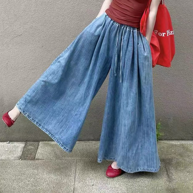Lace-up Denim Wide-leg Pants Spring and Autumn New Artistic Loose Casual Washed Slimming Trousers Women's Trendy Skirt Pants
