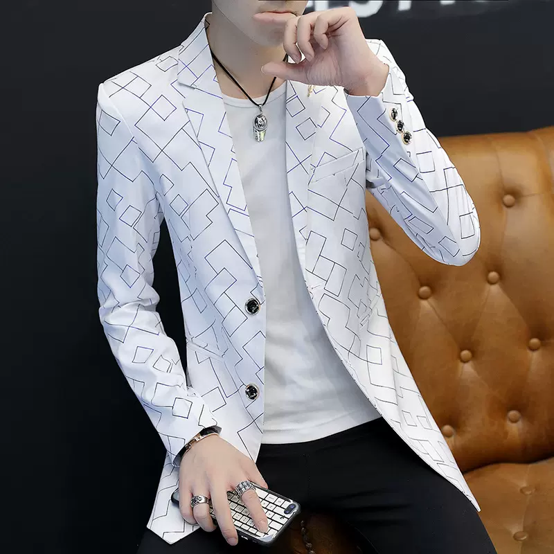 男士韩版潮流外穿百搭印花西服春秋季中长款翻领修身西装排扣外套