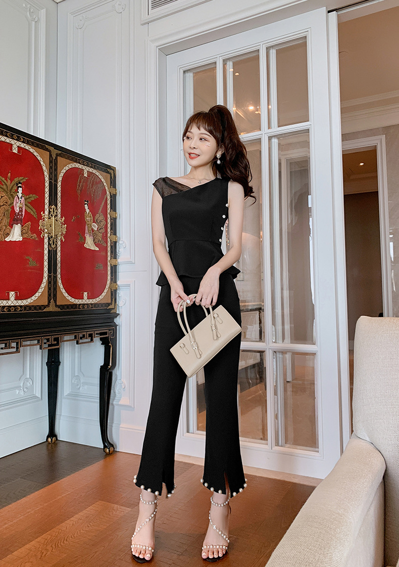 Bộ vest nữ công sở hè áo bèo nhún quần ống loe hai mảnh — Màu đen chi tiết 6