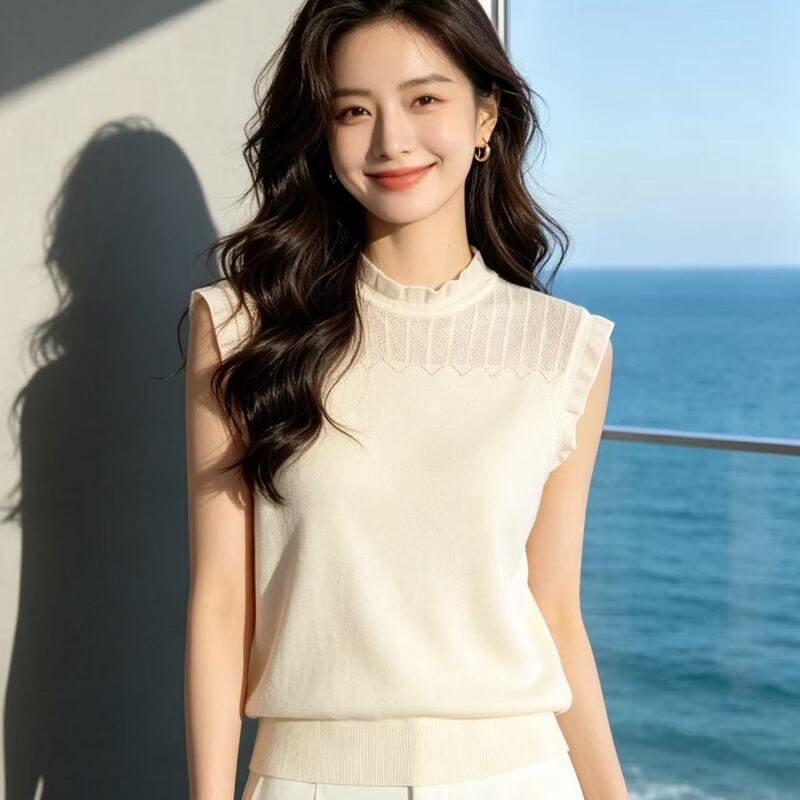 2026 Stylish Small Stand Collar Knitted Camisole for Women, Half-High Collar Lace Ruffle Sleeveless Base Layer for Wearing under a Blazer